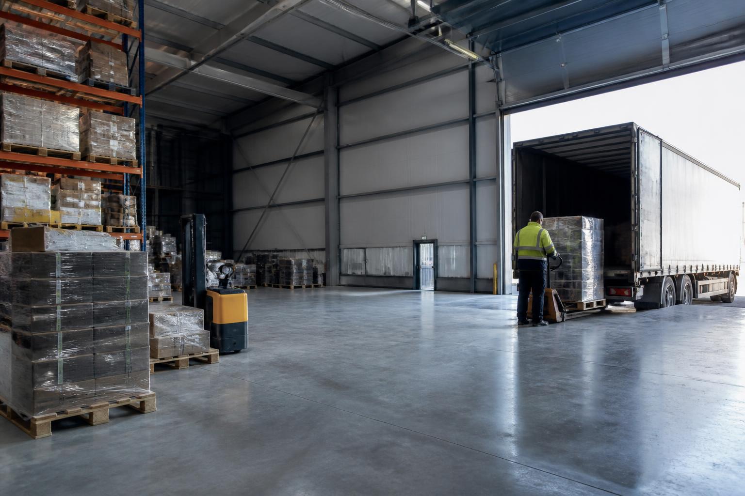 Pallets being loaded into a lorry at a warehouse loading bay