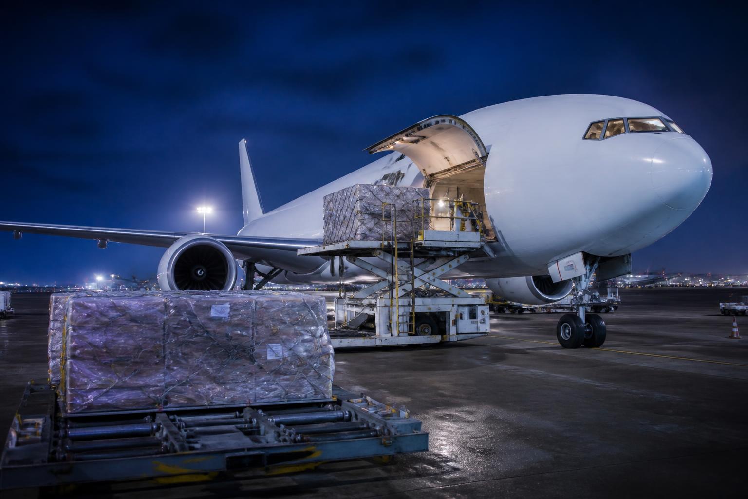 Air cargo being loaded onto a freighter aircraft